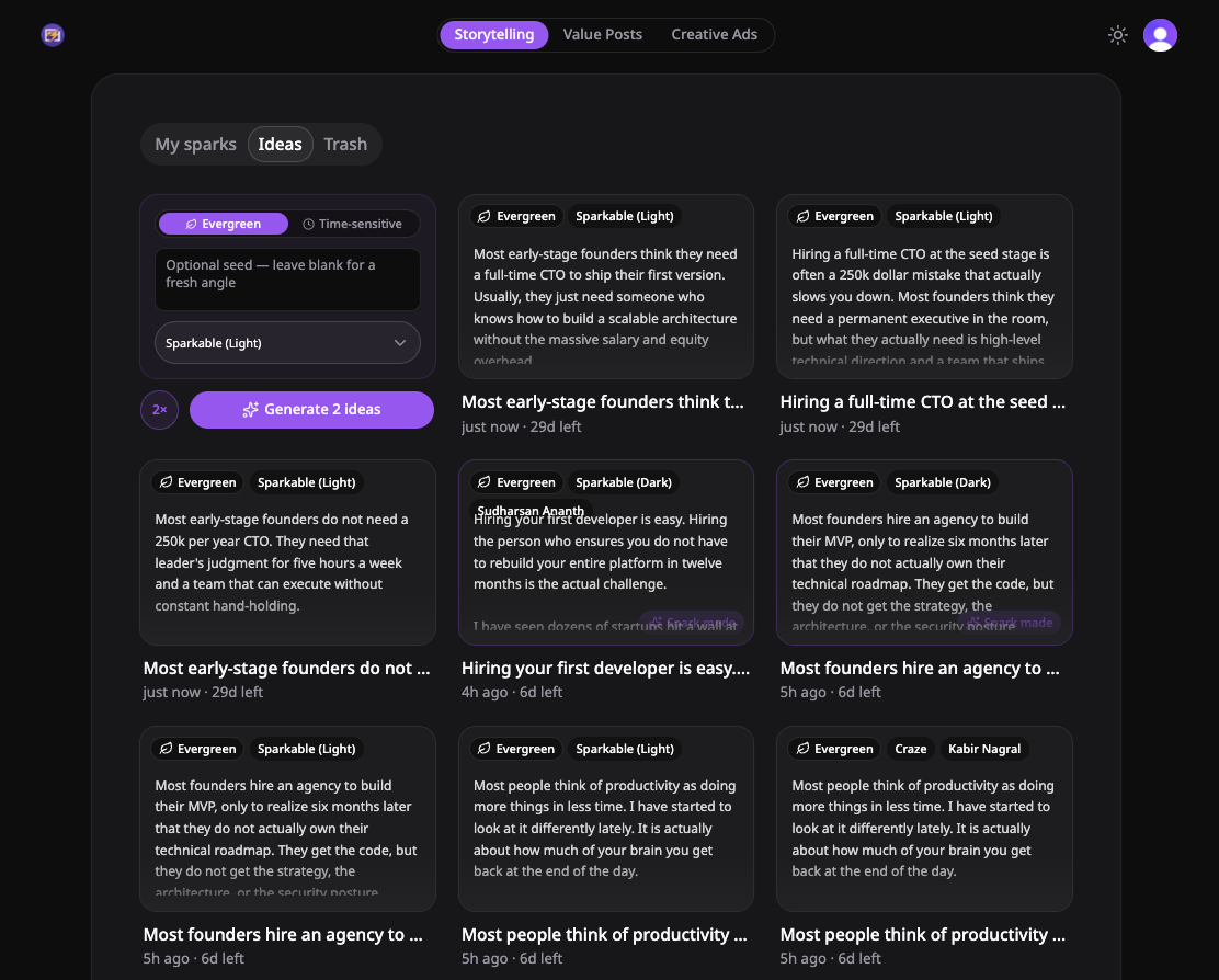 Ideas tab in the project gallery showing generated idea cards alongside the New Idea composer with a 1x / 2x / 4x batch toggle