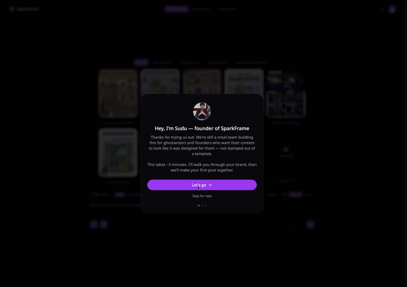 Three-step onboarding tour: Welcome card, Brand DNA from URL, and First Spark generation with a spotlight coachmark on the workspace breadcrumb