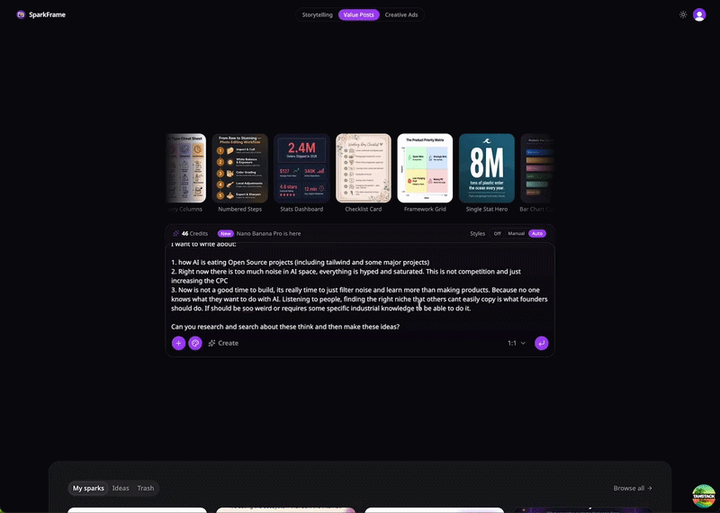 Agent chat in Idea mode: search_perplexity runs, then generate_idea drafts a LinkedIn post card inline, and the user clicks Spark to flip to Create mode and generate the image