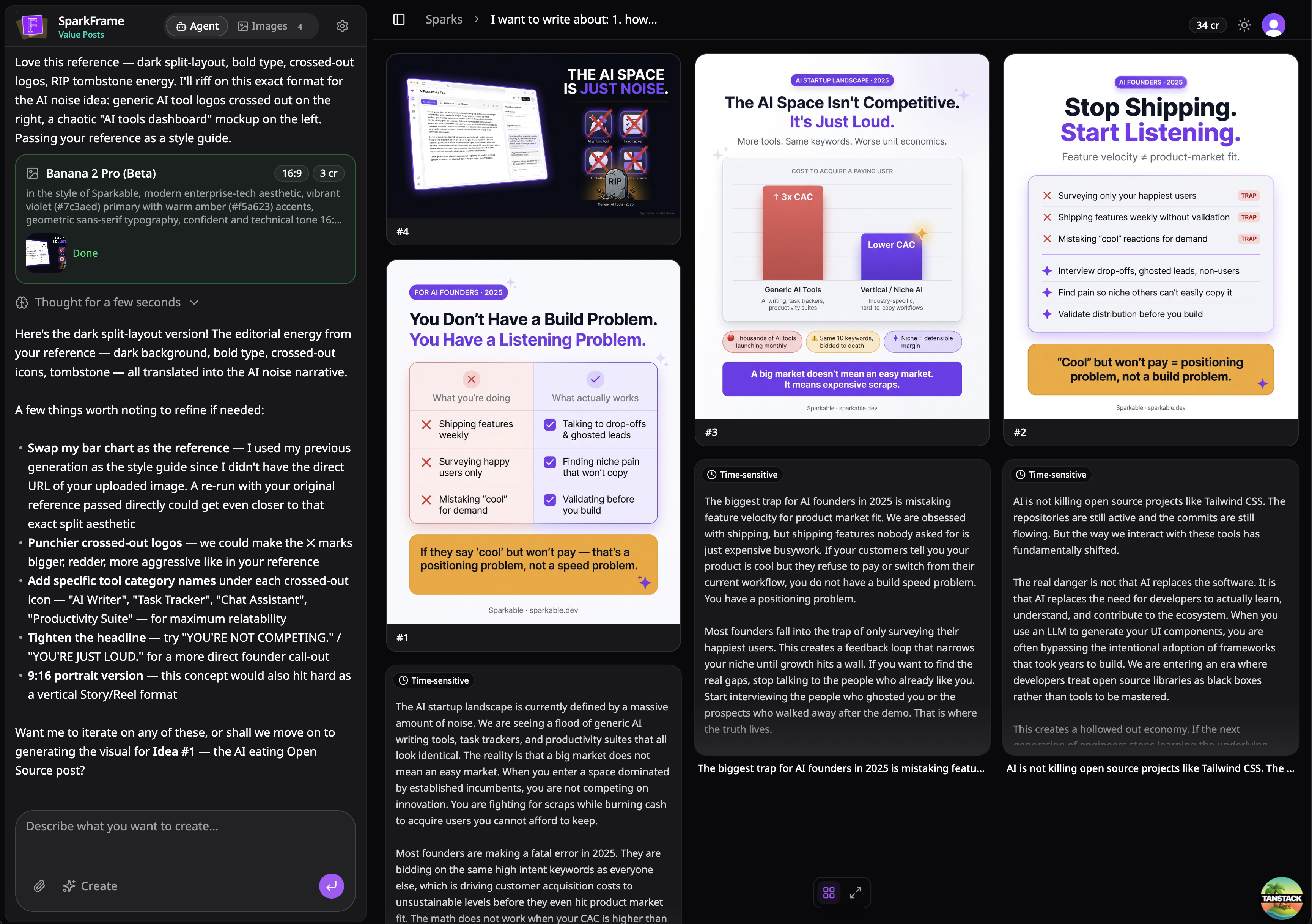 Spark workspace showing the new logo in the sidebar header and a masonry gallery with mixed idea cards and generated images packing tight on the right