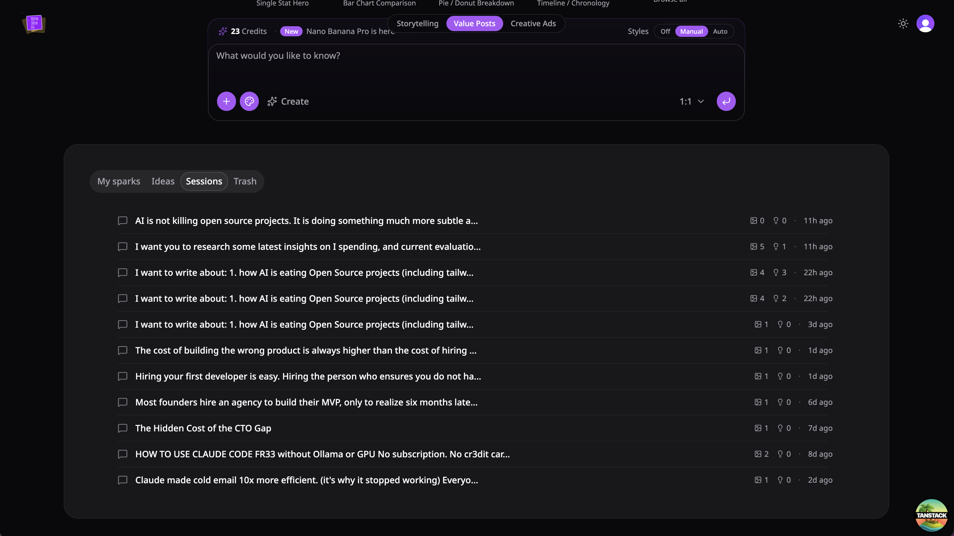 Sessions tab on /app — single-column chat history list with a chat-bubble icon, title, image and idea counts, and a relative timestamp on each row